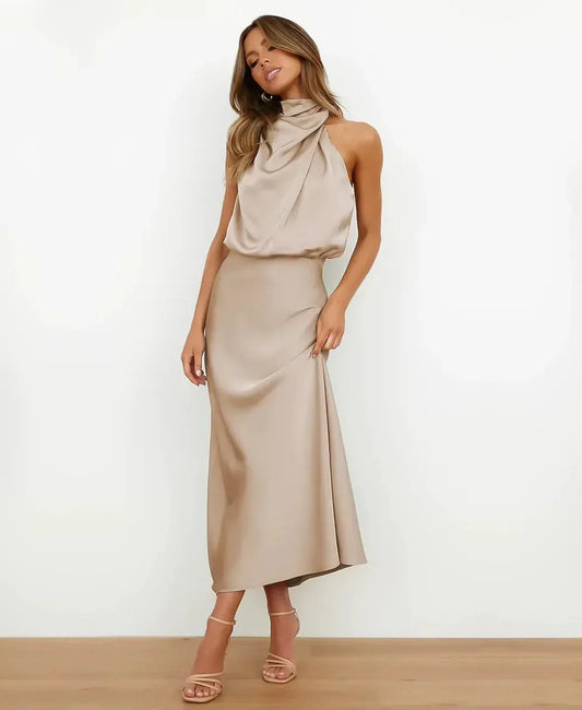 Marthe Halter Neck Satin Midi Dress — front
