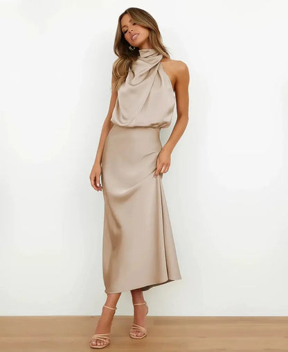 Marthe Halter Neck Satin Midi Dress — front angle