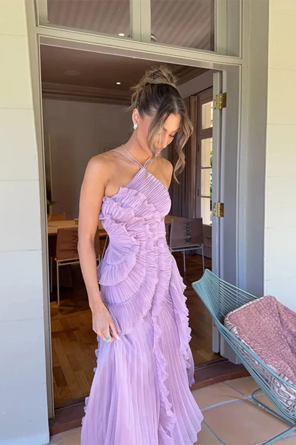 Oriane Tiered Ruffle High-Low Dress — side view