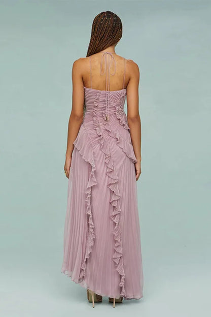Oriane Tiered Ruffle High-Low Dress — back with neck tie