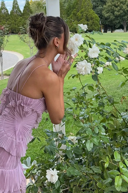 Oriane Tiered Ruffle High-Low Dress — shoulder and strap detail