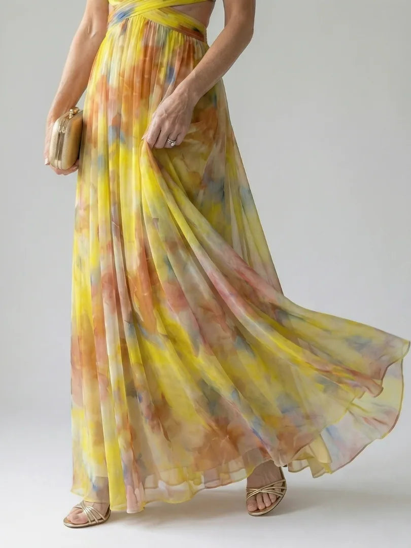 Perrine Wrap Front Floral Maxi Dress — skirt in movement