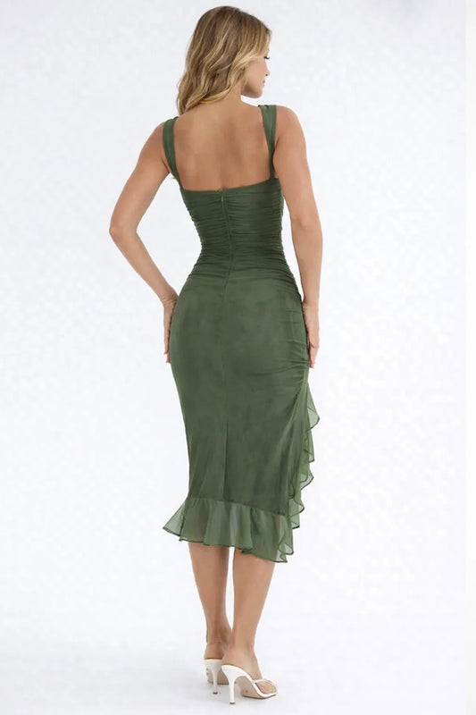 Romane Ruched High Neck Midi Dress — back view