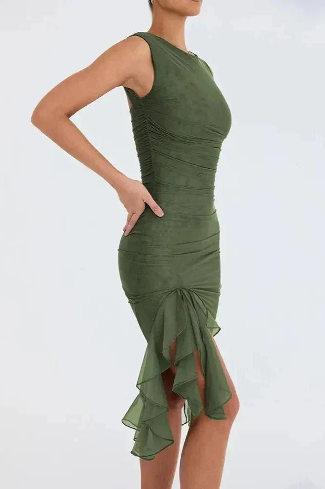 Romane Ruched High Neck Midi Dress — side profile