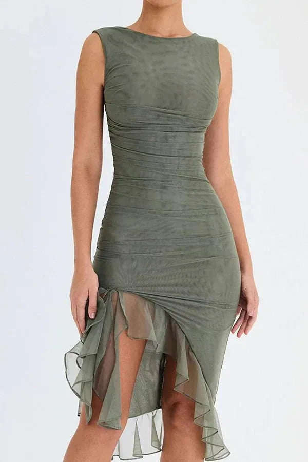 Romane Ruched High Neck Midi Dress — bodice detail
