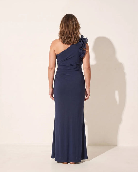 Solveig One Shoulder Ruffle Maxi Dress — back view