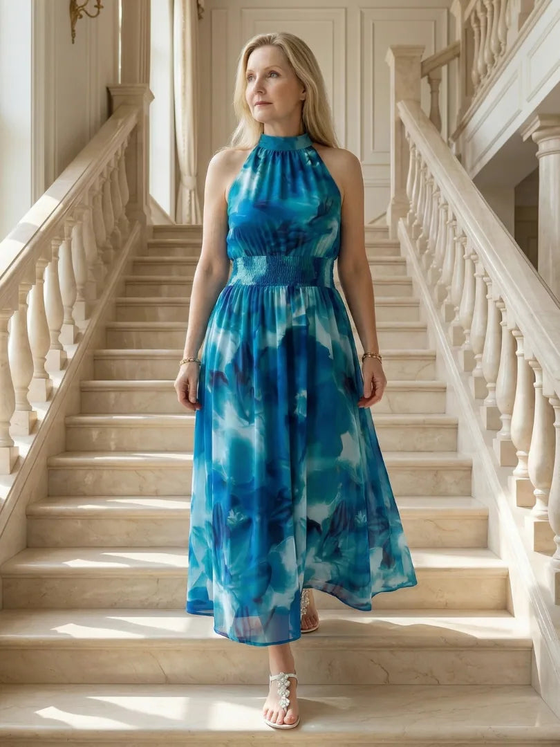 Thyra Gathered Halter Maxi Dress — styled