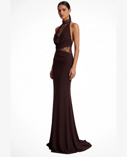 Veronique Halter Neck Maxi Dress for Women - Lace Panel Column Summer Dress - Espresso Brown — three-quarter view