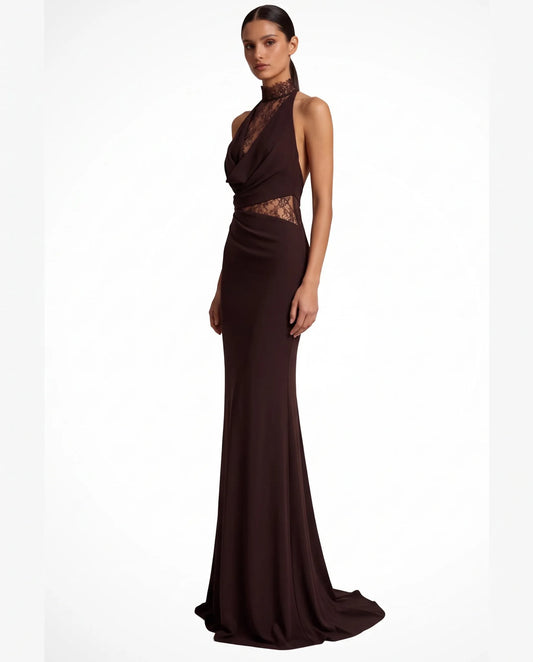 Veronique Halter Neck Maxi Dress for Women - Lace Panel Column Summer Dress - Espresso Brown — three-quarter view