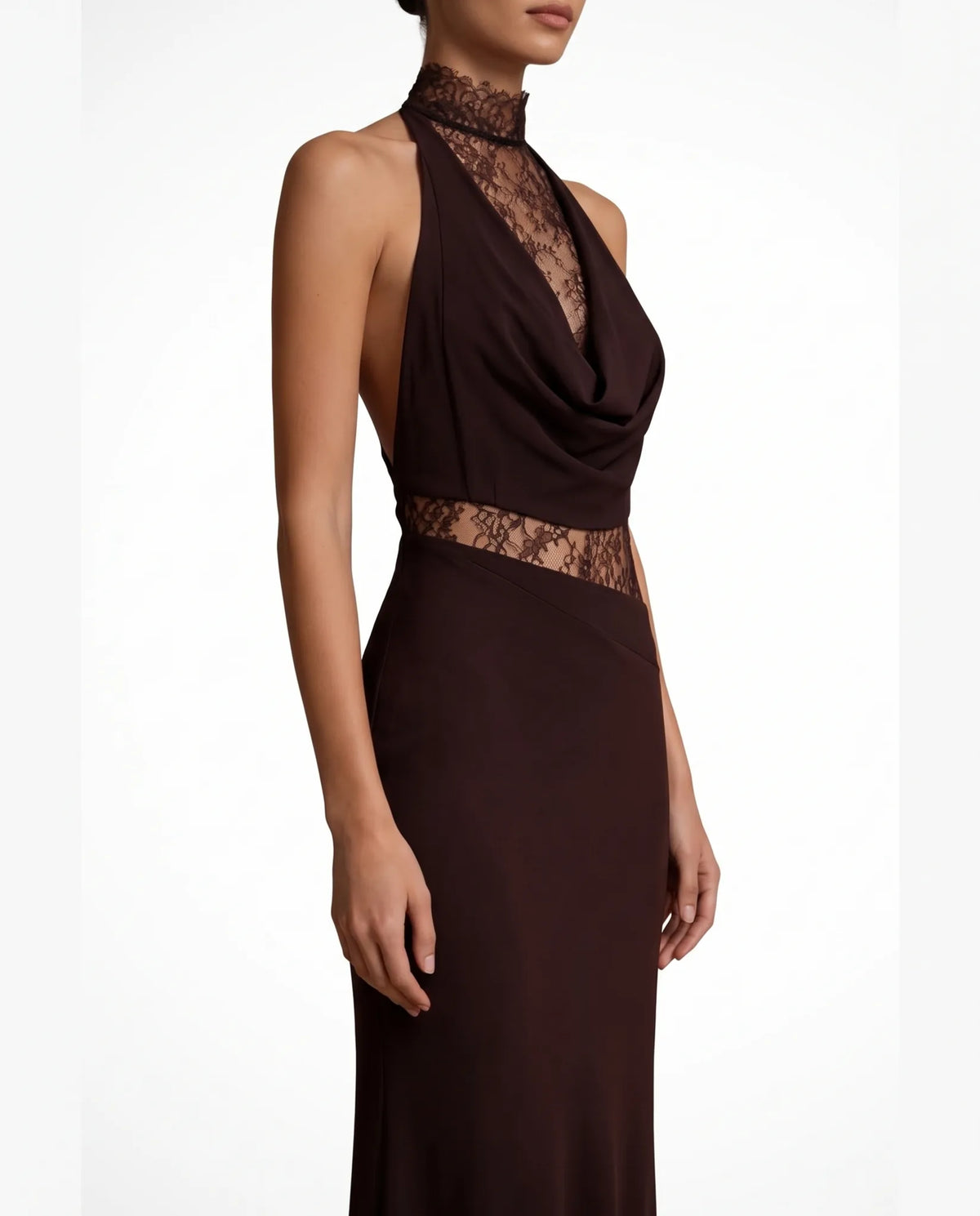 Veronique Halter Neck Maxi Dress for Women - Lace Panel Column Summer Dress - Espresso Brown — three-quarter view