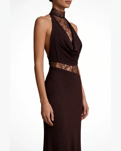 Veronique Halter Neck Maxi Dress for Women - Lace Panel Column Summer Dress - Espresso Brown — three-quarter view