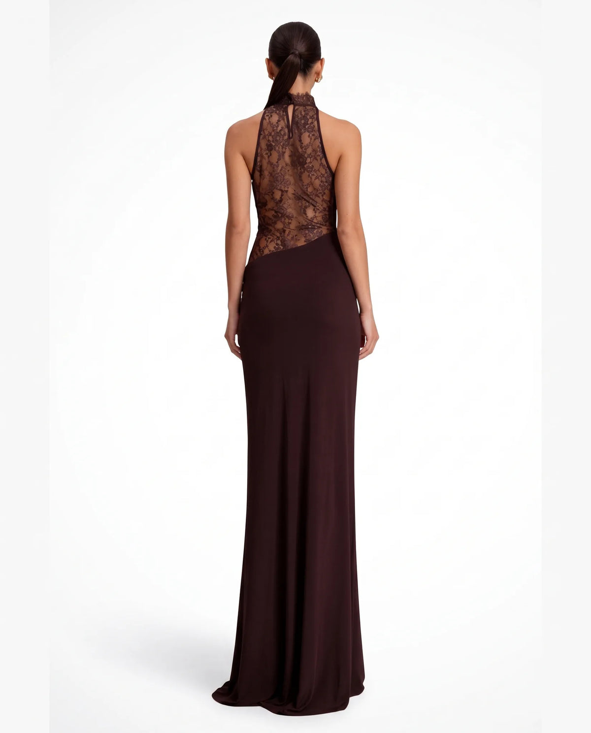 Veronique Halter Neck Maxi Dress for Women - Lace Panel Column Summer Dress - Espresso Brown — back view