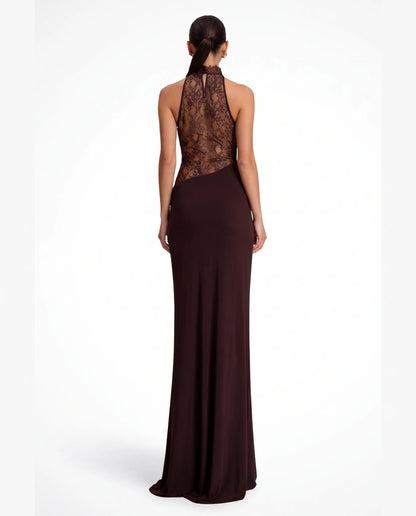 Veronique Halter Neck Maxi Dress for Women - Lace Panel Column Summer Dress - Espresso Brown — back view