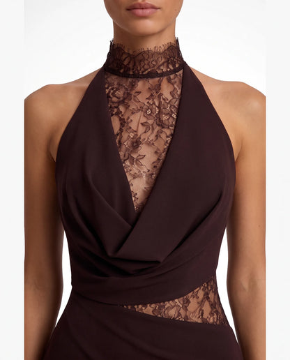 Veronique Halter Neck Maxi Dress for Women - Lace Panel Column Summer Dress - Espresso Brown — lace neckline detail