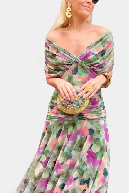 Vibeke Off Shoulder Floral Maxi Dress — neckline and twist detail