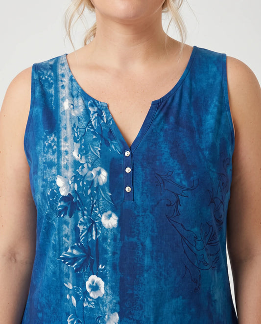 Xanthe Sleeveless Midi Dress for Women - Floral Print Summer Dress - Blue — neckline detail