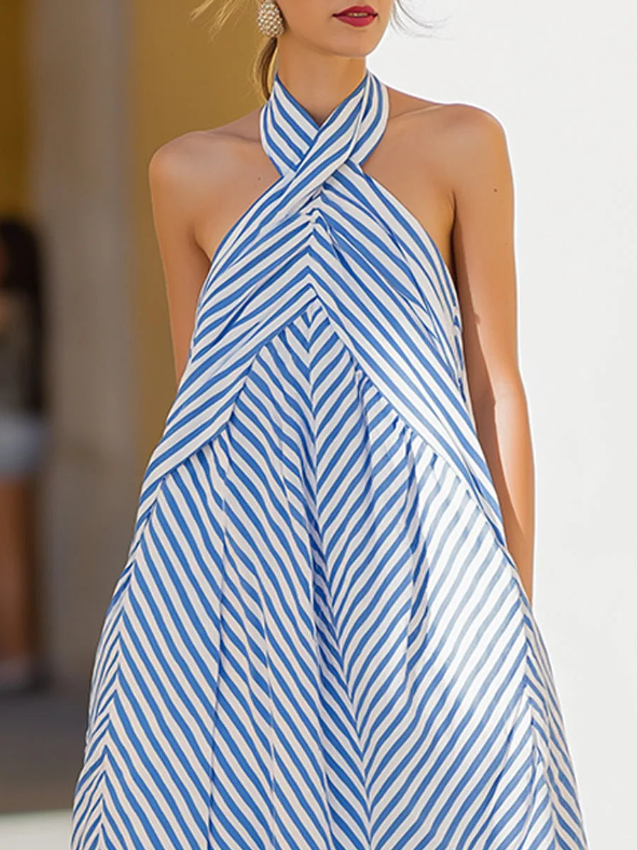 Cerys Halter Neck Striped Maxi Dress — crossover halter neckline detail
