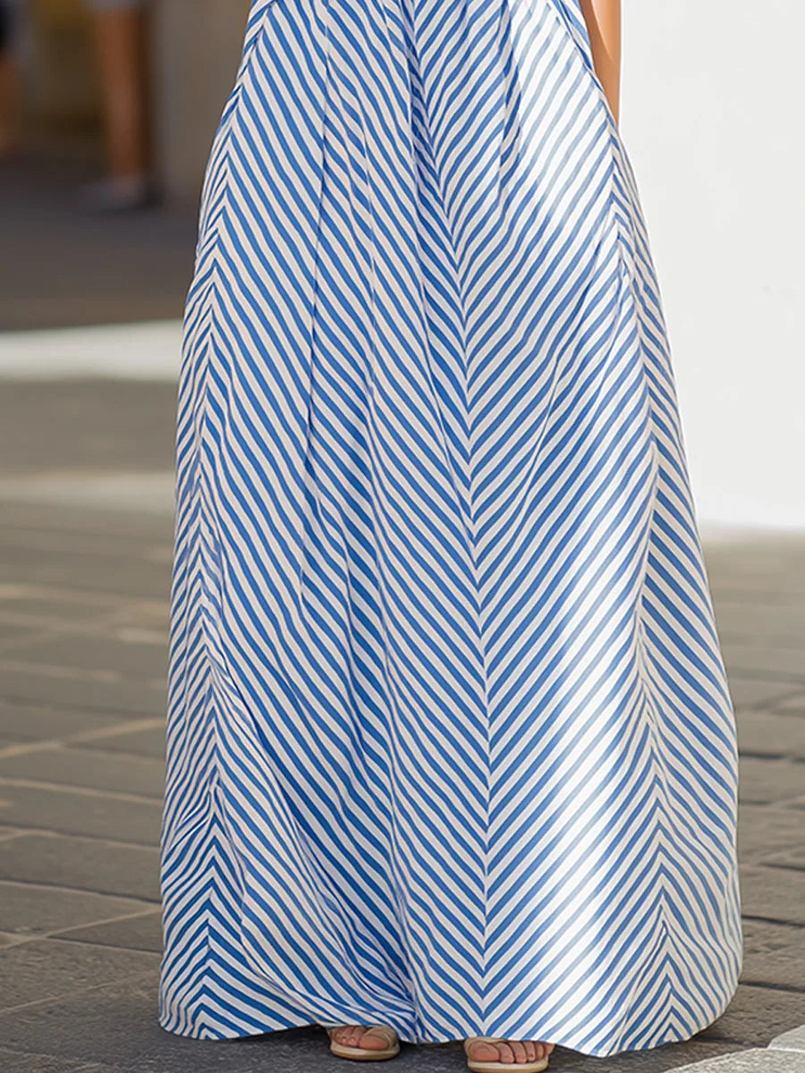 Cerys Halter Neck Striped Maxi Dress — skirt and stripe detail