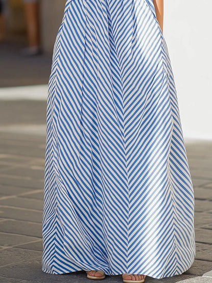 Cerys Halter Neck Striped Maxi Dress — skirt and stripe detail