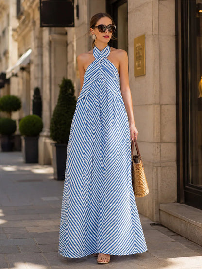 Cerys Halter Neck Striped Maxi Dress — styled, on the street