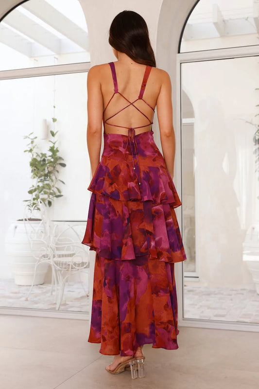 Clarissa Tiered Floral Maxi Dress — back, crossed straps and tie
