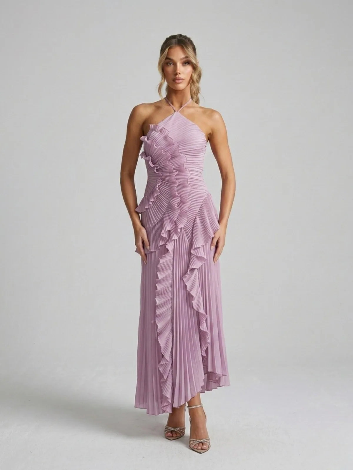 Giselle Pleated Ruffle Halterneck Maxi Dress — front