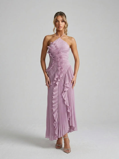 Giselle Pleated Ruffle Halterneck Maxi Dress — front