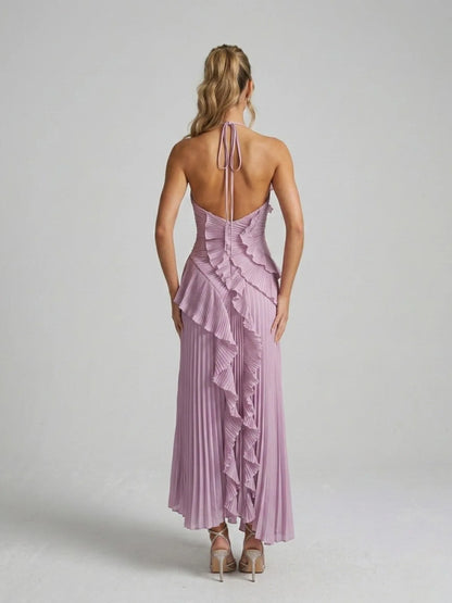 Giselle Pleated Ruffle Halterneck Maxi Dress — back, open back and halter tie