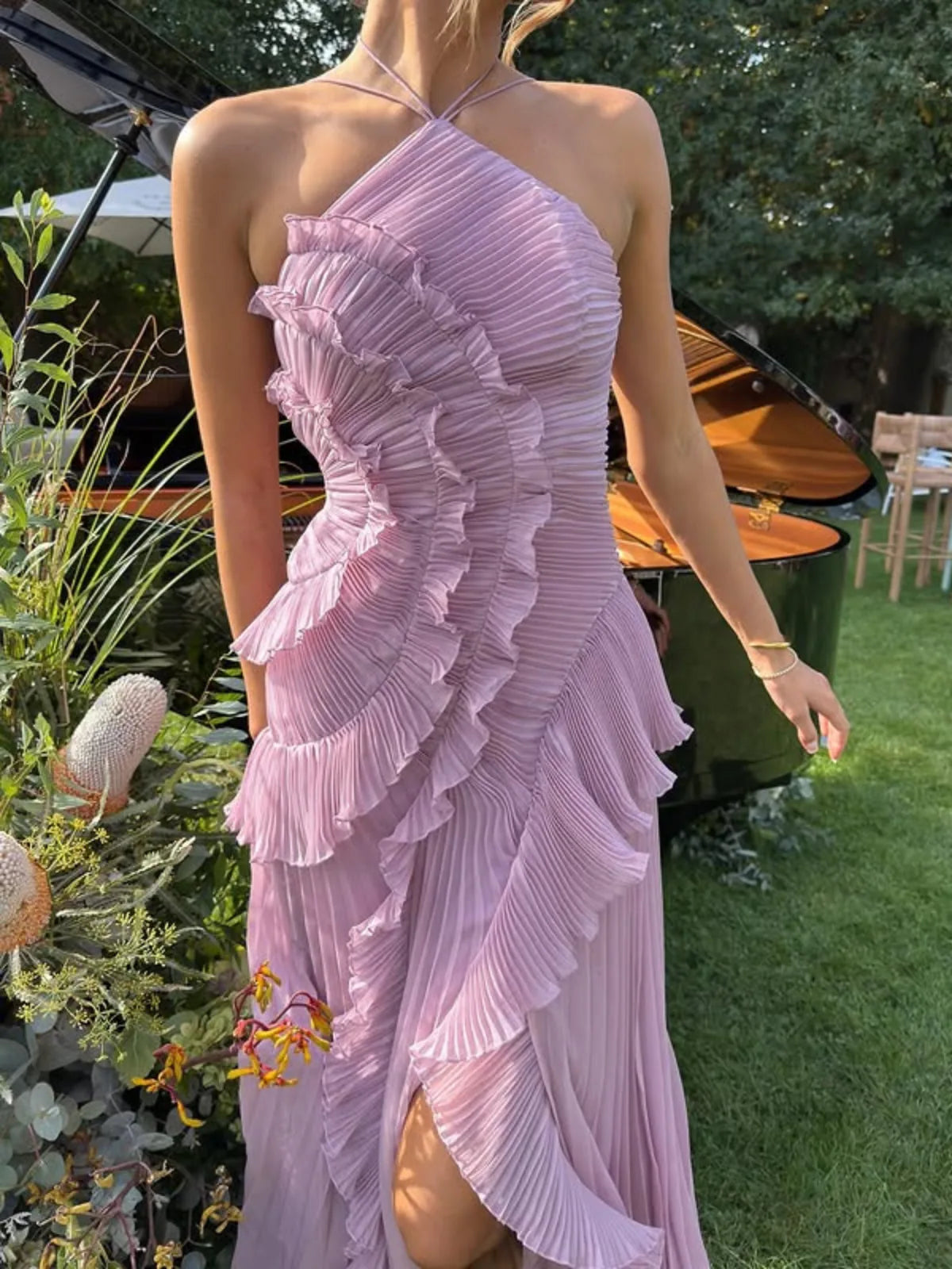 Giselle Pleated Ruffle Halterneck Maxi Dress — ruffle detail, outdoors