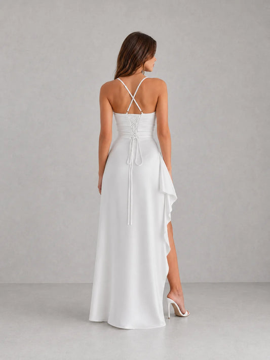 Jessamine Draped Satin Maxi Dress — back, laced panel and crossed straps