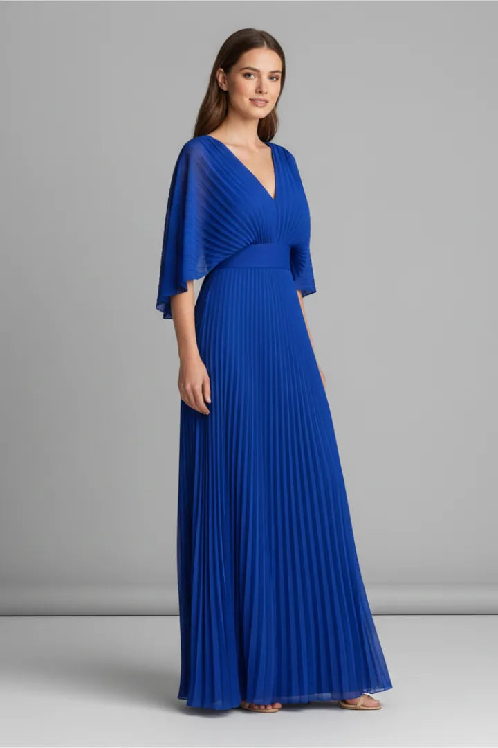 Karolina Pleated Maxi Dress — side, cape sleeve and pleating