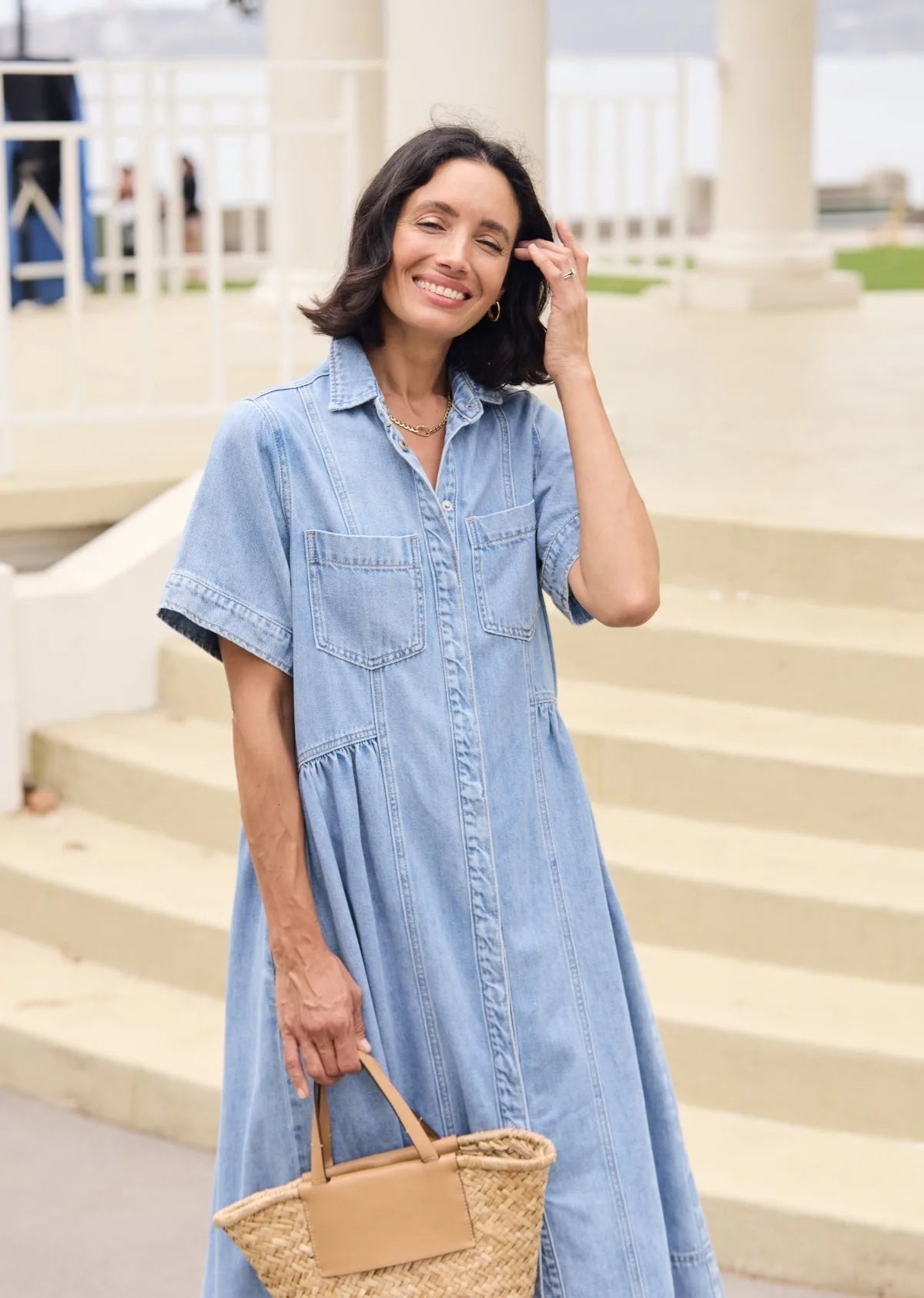 Lorelei Denim Shirt Dress — collar and button front detail
