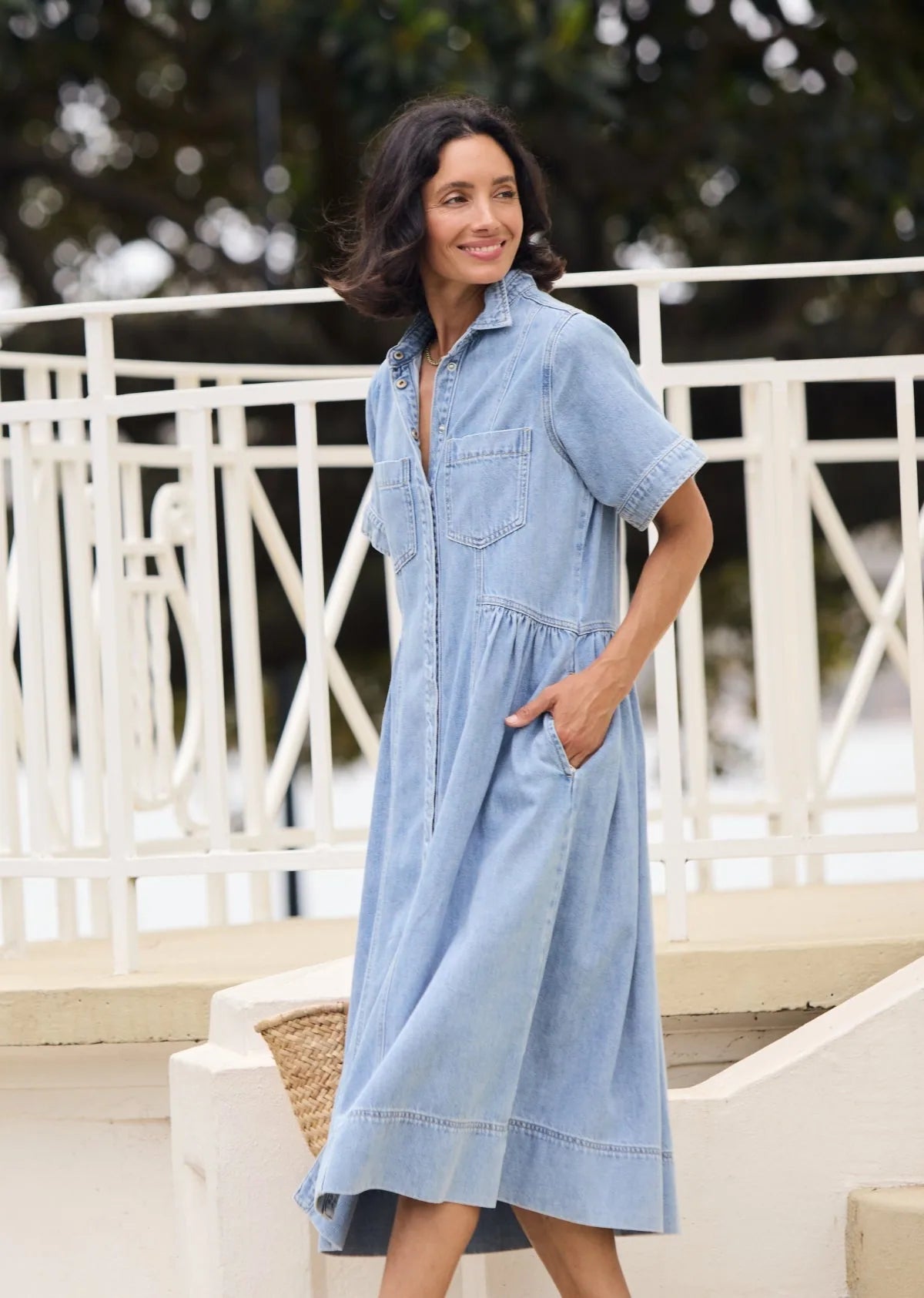 Lorelei Denim Shirt Dress — side, hand in the pocket
