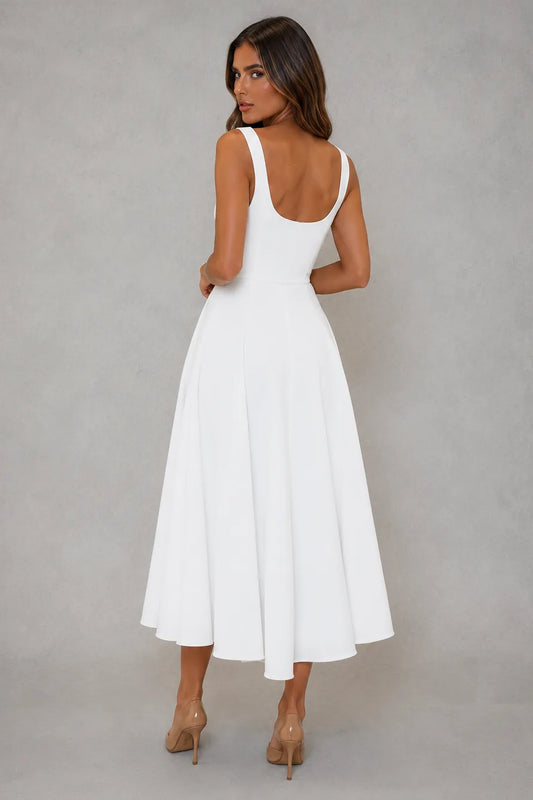 Pascaline Square Neck Midi Dress — back, low scooped neckline