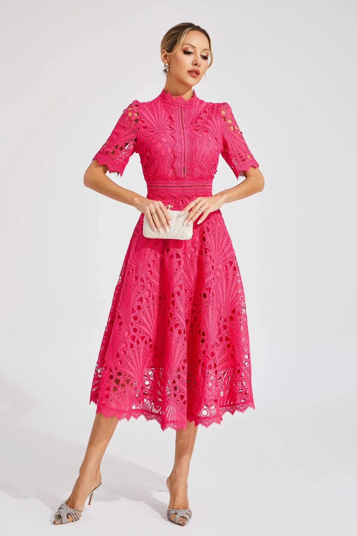 Romilly Lace Midi Dress — front, styled with a clutch