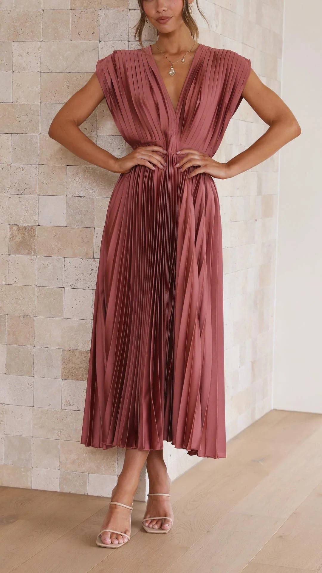 Tamsin Pleated V Neck Midi Dress — front, hands at the waist