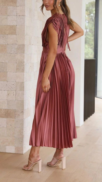 Tamsin Pleated V Neck Midi Dress — back, three-quarter