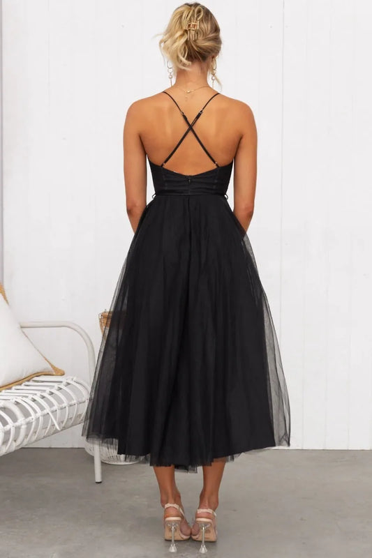 Theodosia Tulle Midi Dress — cross-back straps and open back