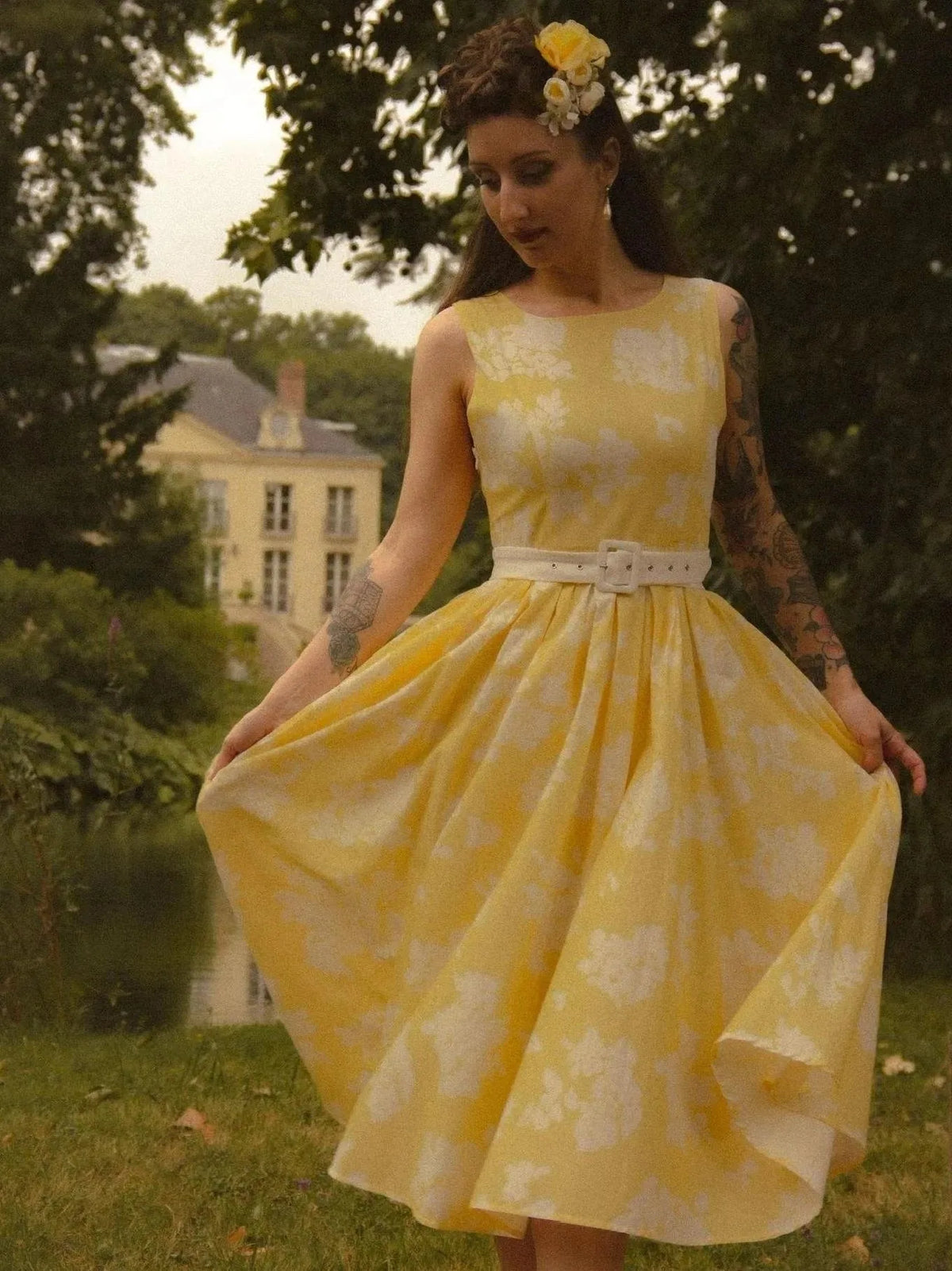 Ursula Floral Off Shoulder Midi Dress — styled, outdoors