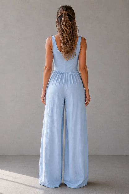 Yrsa Wide Leg Jumpsuit — back, low scooped neckline