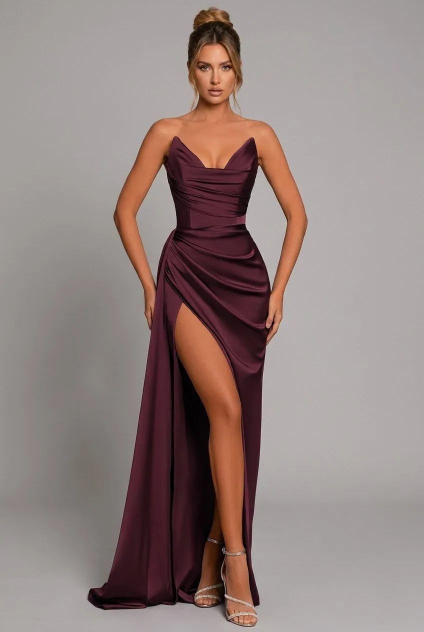 Albertine Strapless Satin Maxi Dress – Red – front