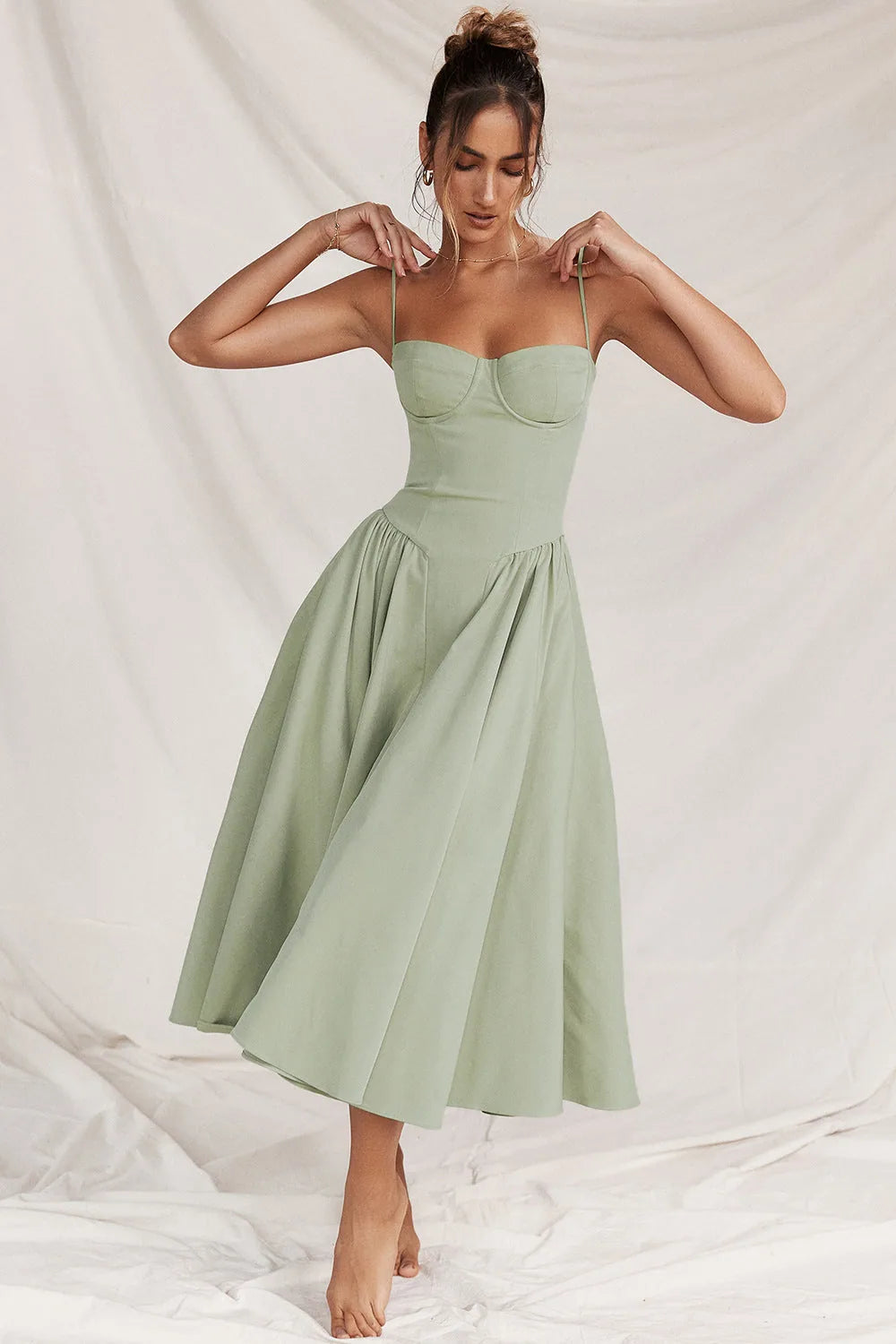 Eglantine Corset Midi Dress – Light Green – front