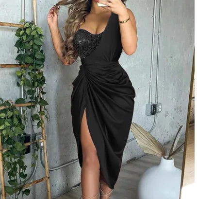 Eulalie One Shoulder Sequin Maxi Dress – Black – front, alternate view