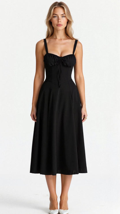 Francine Corset Bodice Midi Dress – Black – front