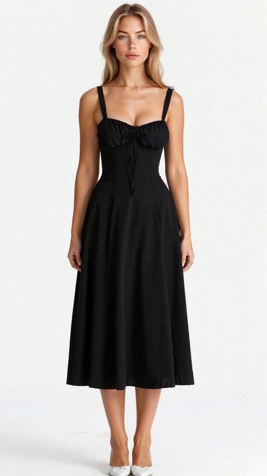 Francine Corset Bodice Midi Dress – Black – front
