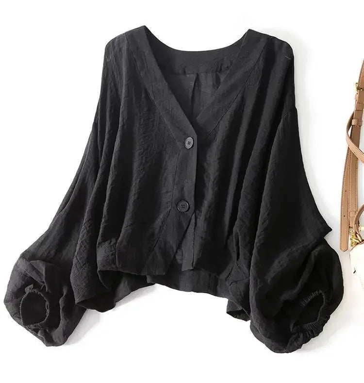 Kerensa Cotton Linen Blouse – Black – on the hanger, front