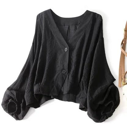 Kerensa Cotton Linen Blouse – Black – on the hanger, front