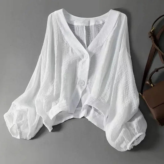 Kerensa Cotton Linen Blouse – White – on the hanger, front