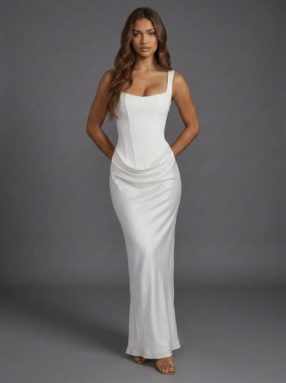 Rhiannon Corset Satin Maxi Dress – Ivory – front