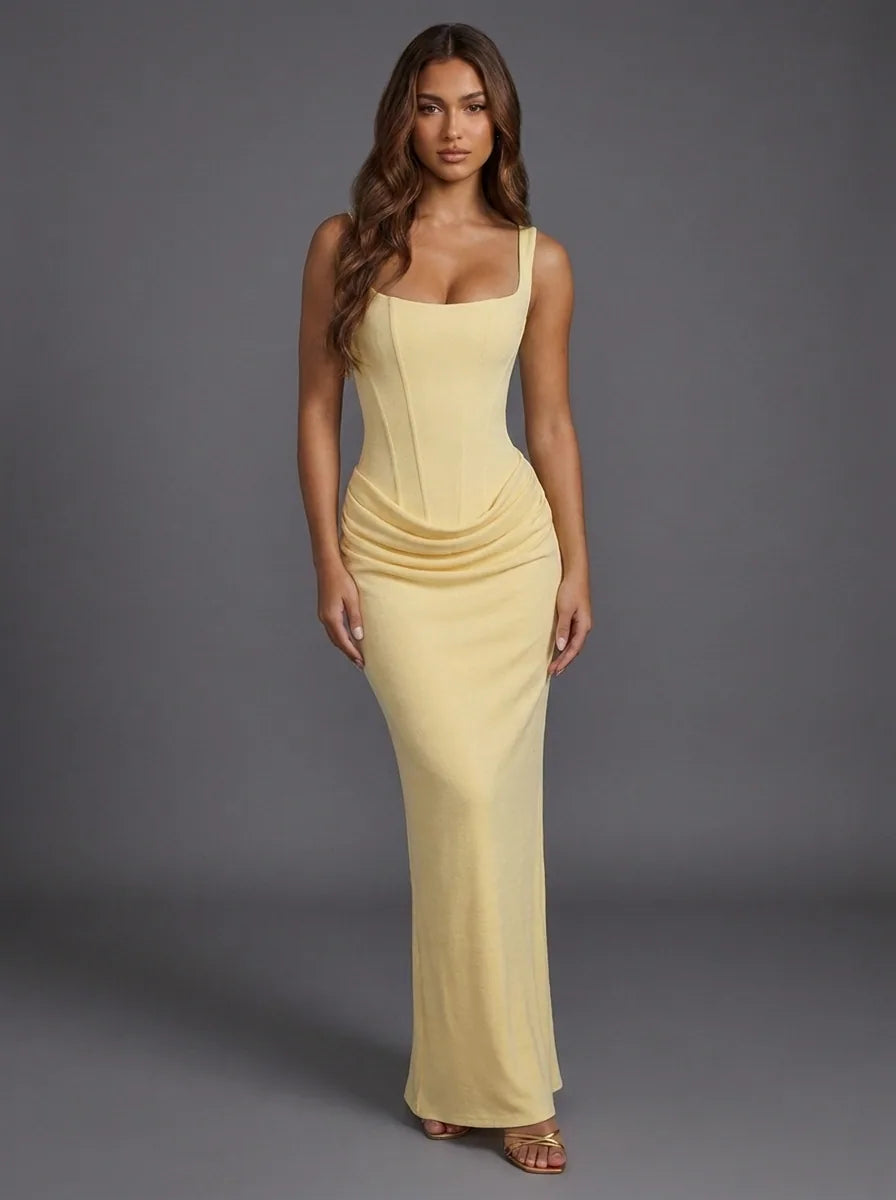 Rhiannon Corset Satin Maxi Dress – Yellow – front